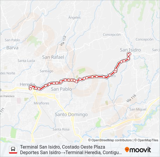Mapa de HEREDIA - SAN ISIDRO de autobús