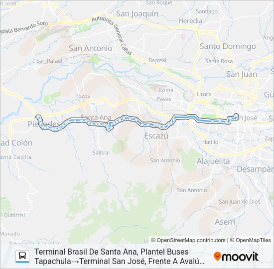 Mapa de SAN JOSÉ - SANTA ANA - BRASIL POR CALLE VIEJA de autobús