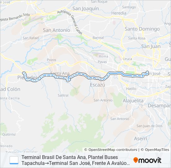 Mapa de SAN JOSÉ - SANTA ANA - BRASIL POR CALLE VIEJA de autobús