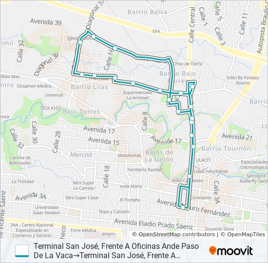 Mapa de SAN JOSÉ - CLÍNICA - BAJO PIUSES de autobús