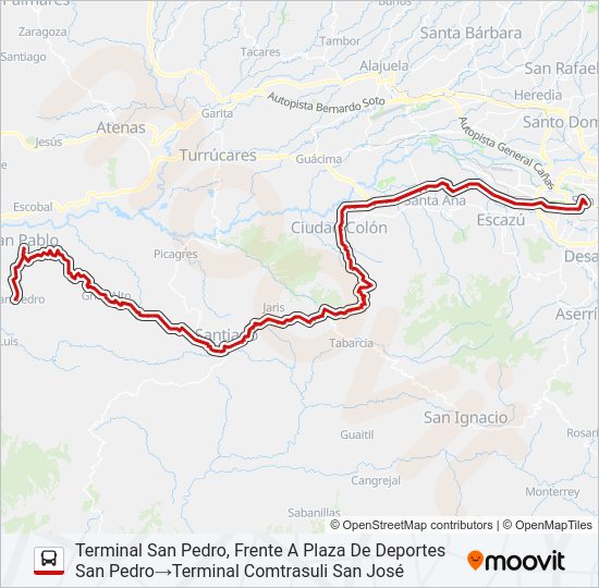 Mapa de SAN JOSÉ - TURRUBARES POR SANTIAGO DE PURISCAL de autobús