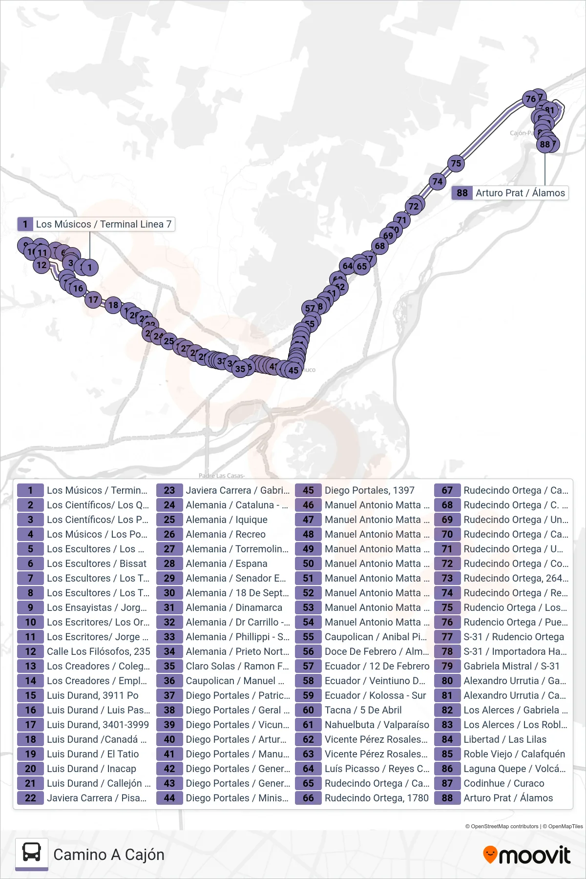 7 A bus Line (Camino A Cajón) route and stops on a map