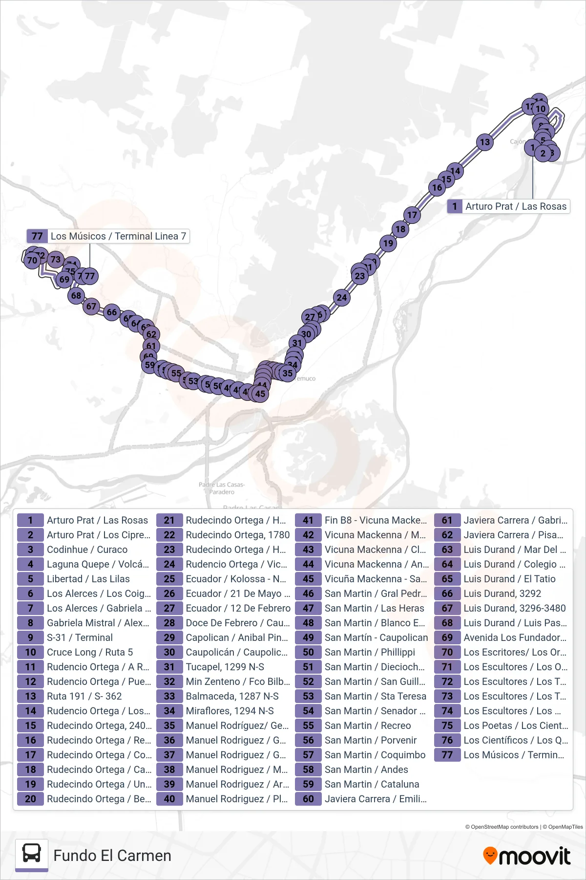 7 A bus Line (Fundo El Carmen) route and stops on a map
