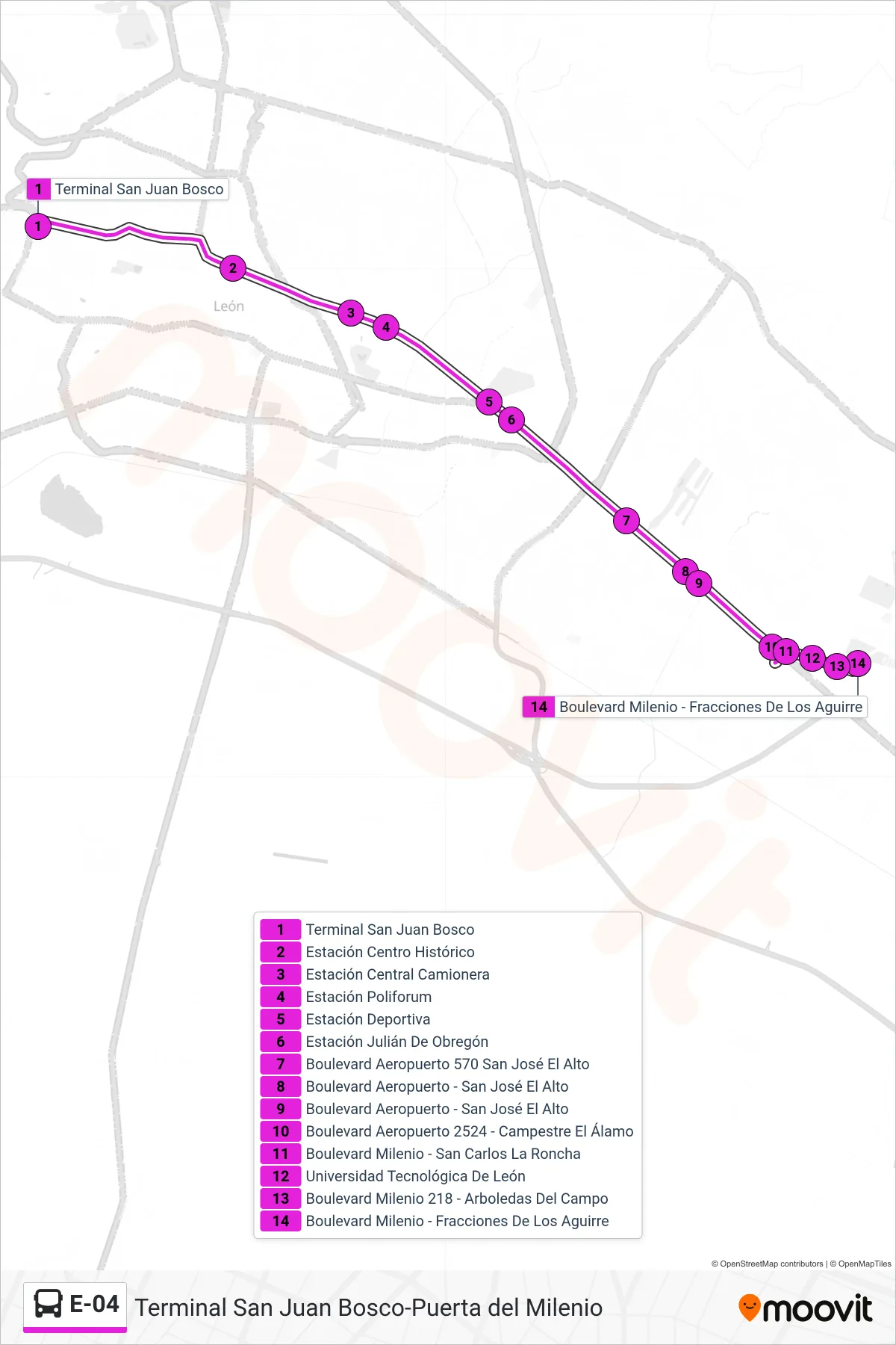 Recorrido y paradas de la línea E-04 de autobús (Terminal San Juan Bosco-Puerta Del Milenio) en el mapa
