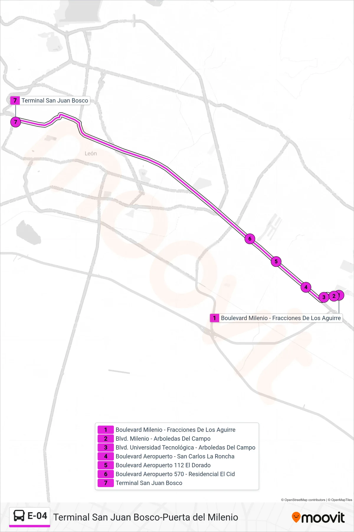 E-04 bus Line (Puerta Del Milenio-Terminal San Juan Bosco) route and stops on a map