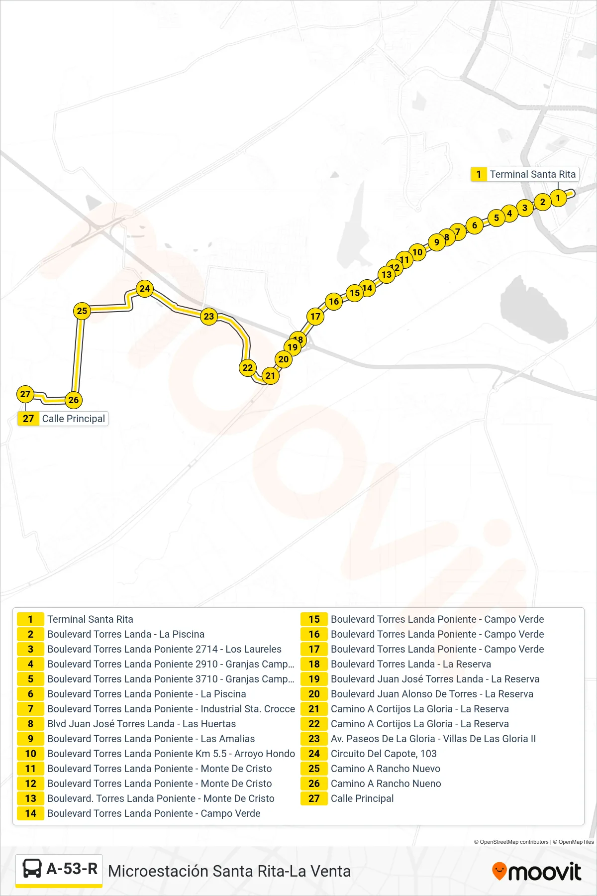 Recorrido y paradas de la línea A-53-R de autobús (Microestación Santa Rita-La Venta) en el mapa