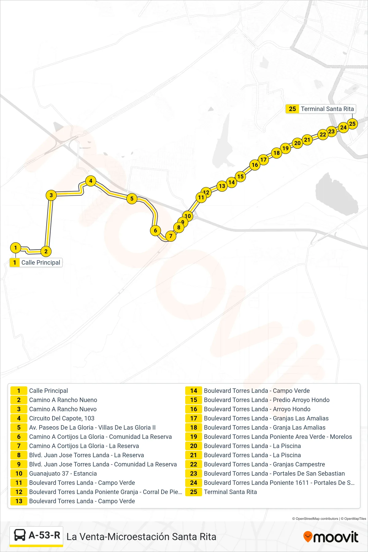 Recorrido y paradas de la línea A-53-R de autobús (La Venta-Microestación Santa Rita) en el mapa