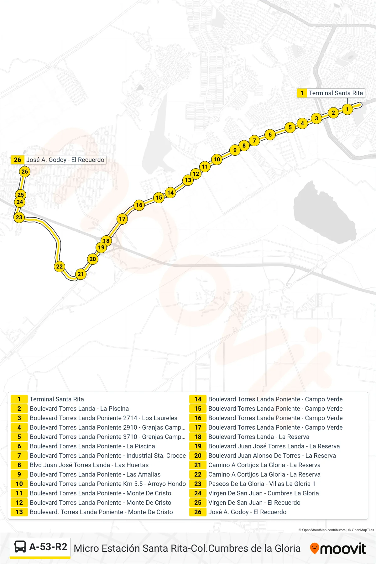 Recorrido y paradas de la línea A-53-R2 de autobús (Micro Estación Santa Rita-Col.Cumbres De La Gloria) en el mapa