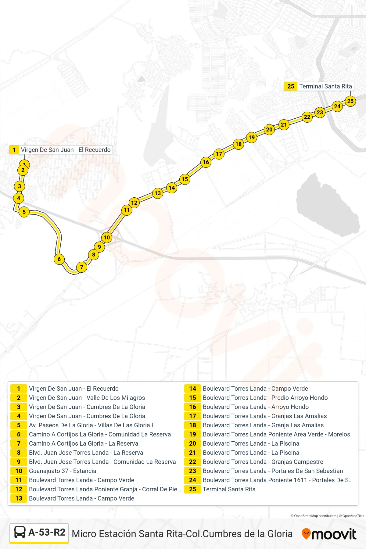 A-53-R2 bus Line (Col.Cumbres De La Gloria-Micro Estación Santa Rita) route and stops on a map