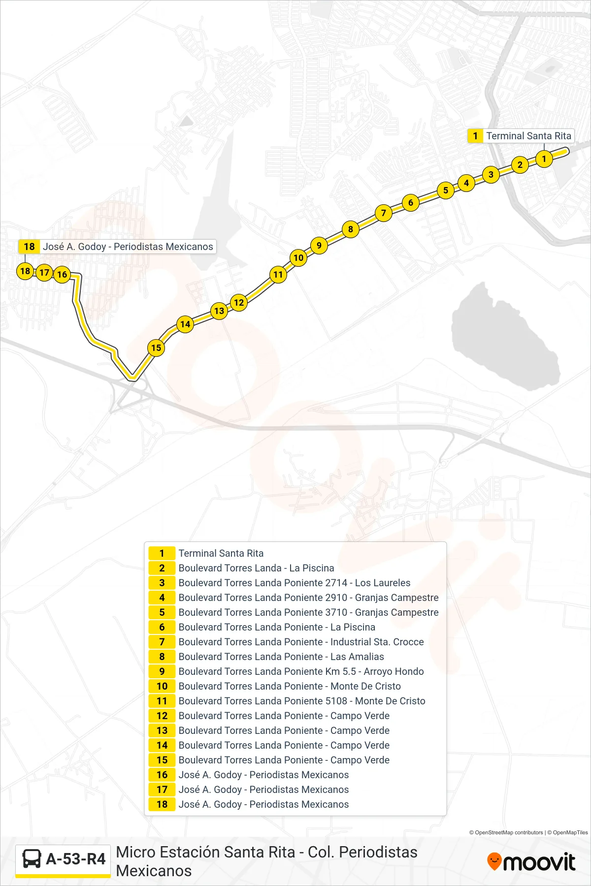 Recorrido y paradas de la línea A-53-R4 de autobús (Micro Estación Santa Rita-Salida De Periodistas Mexicanos) en el mapa