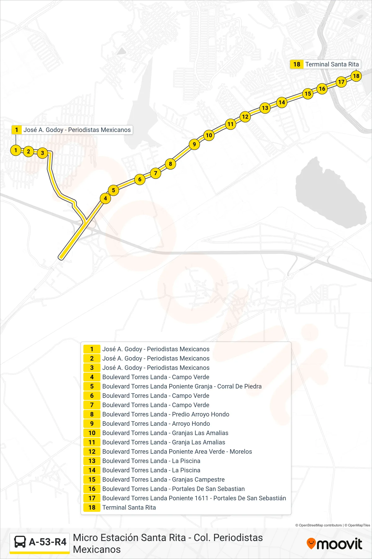 Recorrido y paradas de la línea A-53-R4 de autobús (Salida De Periodistas Mexicanos-Micro Estación Santa Rita) en el mapa