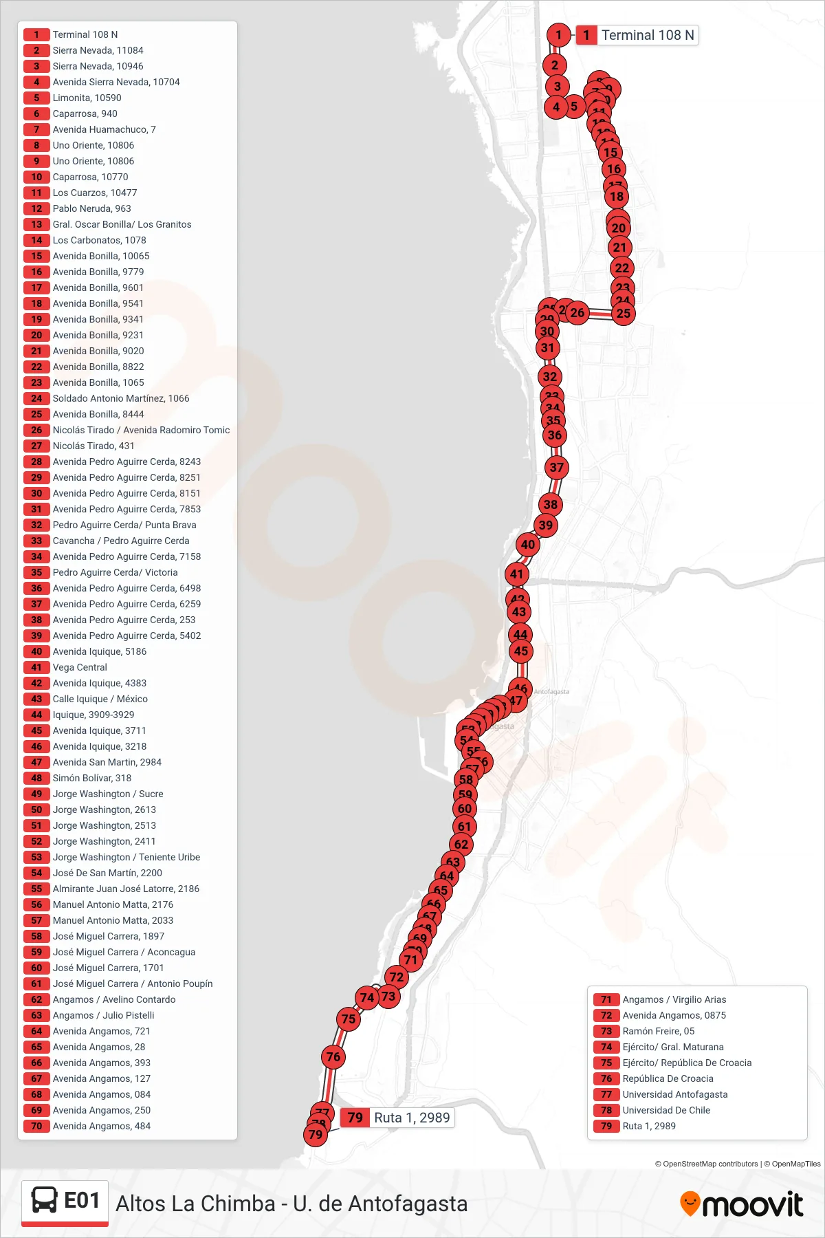 E01 bus Line (Altos La Chimba - U. De Antofagasta) route and stops on a map