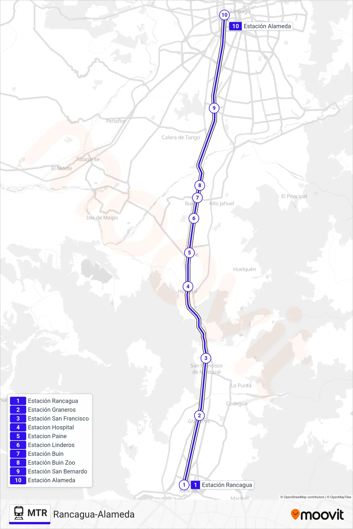 MTR rail Line (Rancagua-Alameda) route and stops on a map