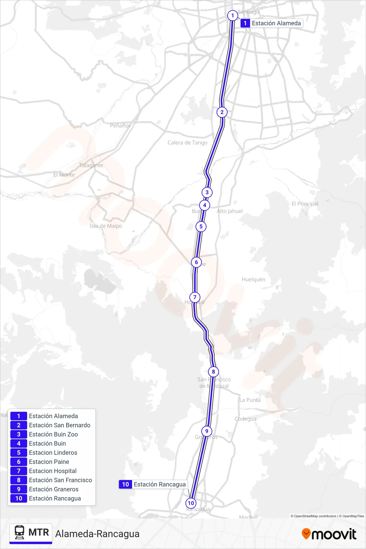 Recorrido y paradas de la línea MTR de tren (Alameda-Rancagua) en el mapa
