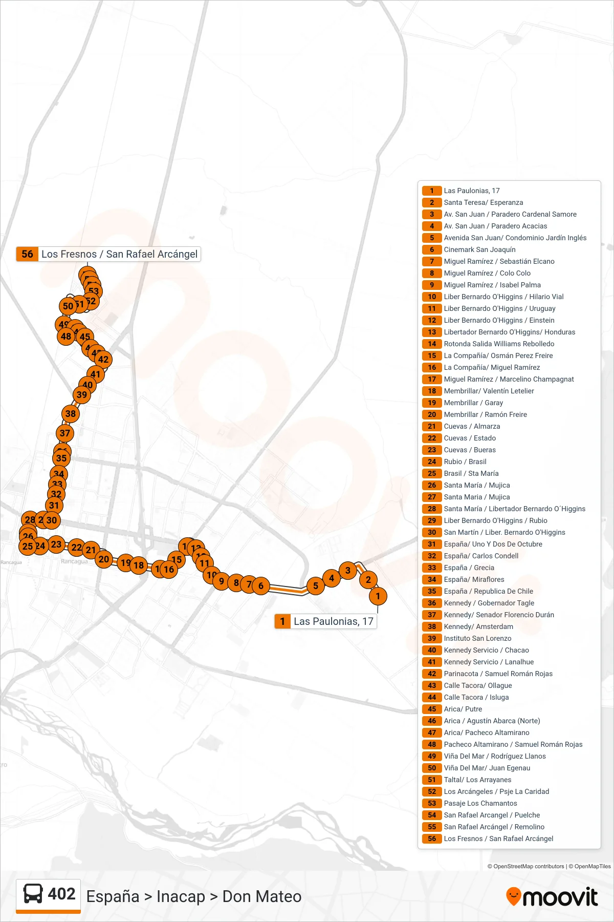 402 bus Line (España > Inacap > Don Mateo) route and stops on a map