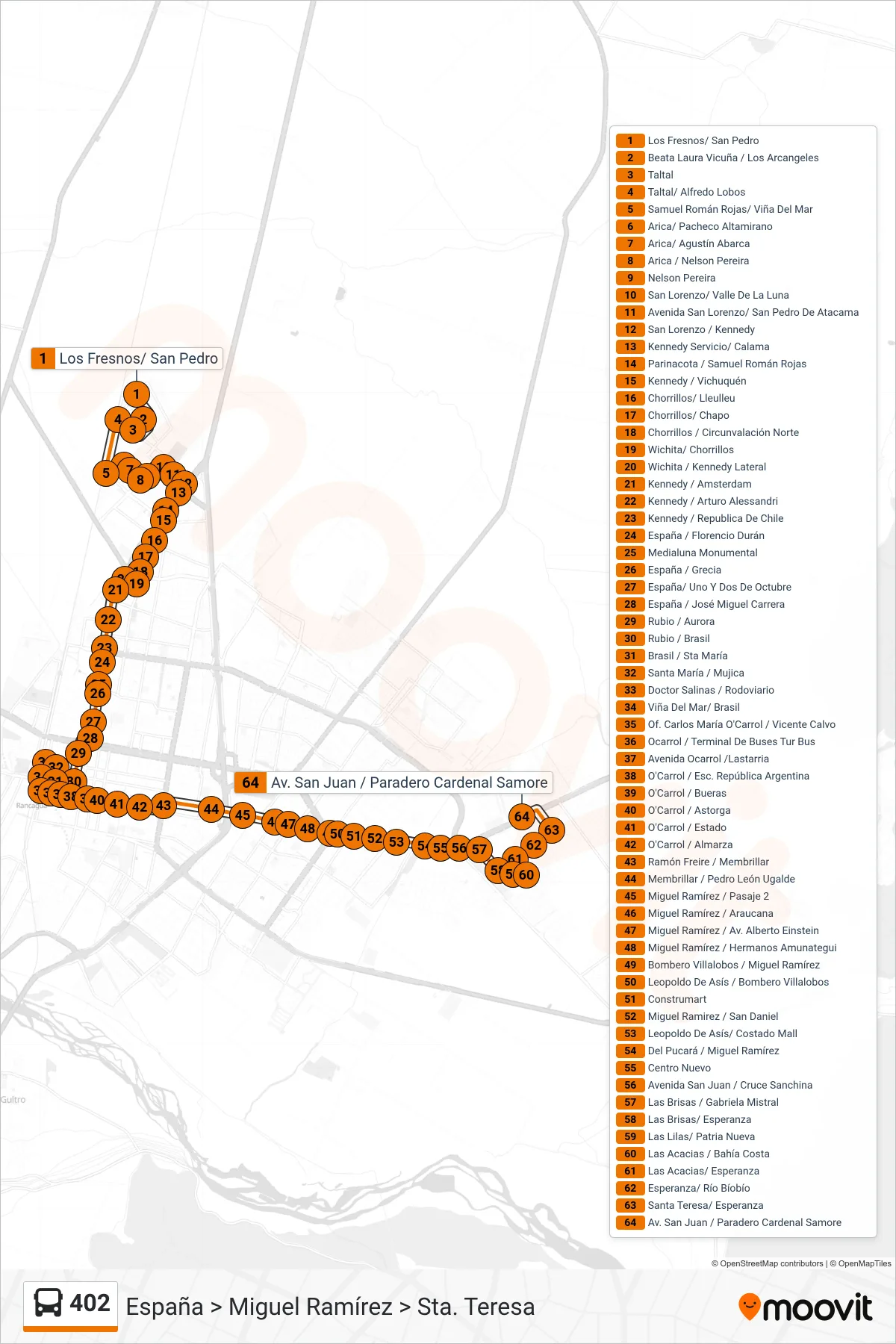 Recorrido y paradas de la línea 402 de autobús (España > Miguel Ramírez > Sta. Teresa) en el mapa