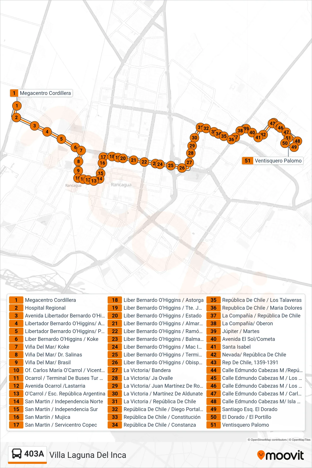 Recorrido y paradas de la línea 403A de autobús (Villa Laguna Del Inca) en el mapa