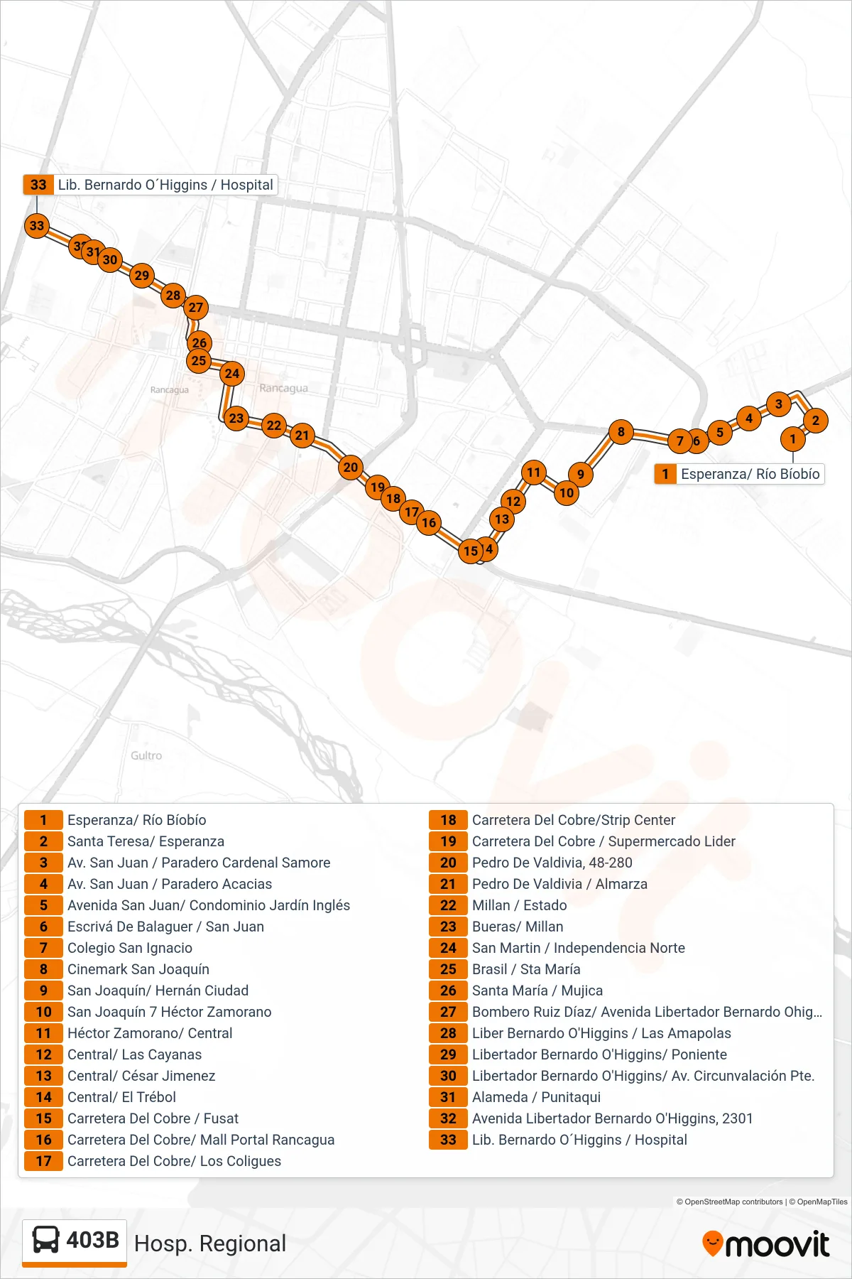 Recorrido y paradas de la línea 403B de autobús (Hosp. Regional) en el mapa