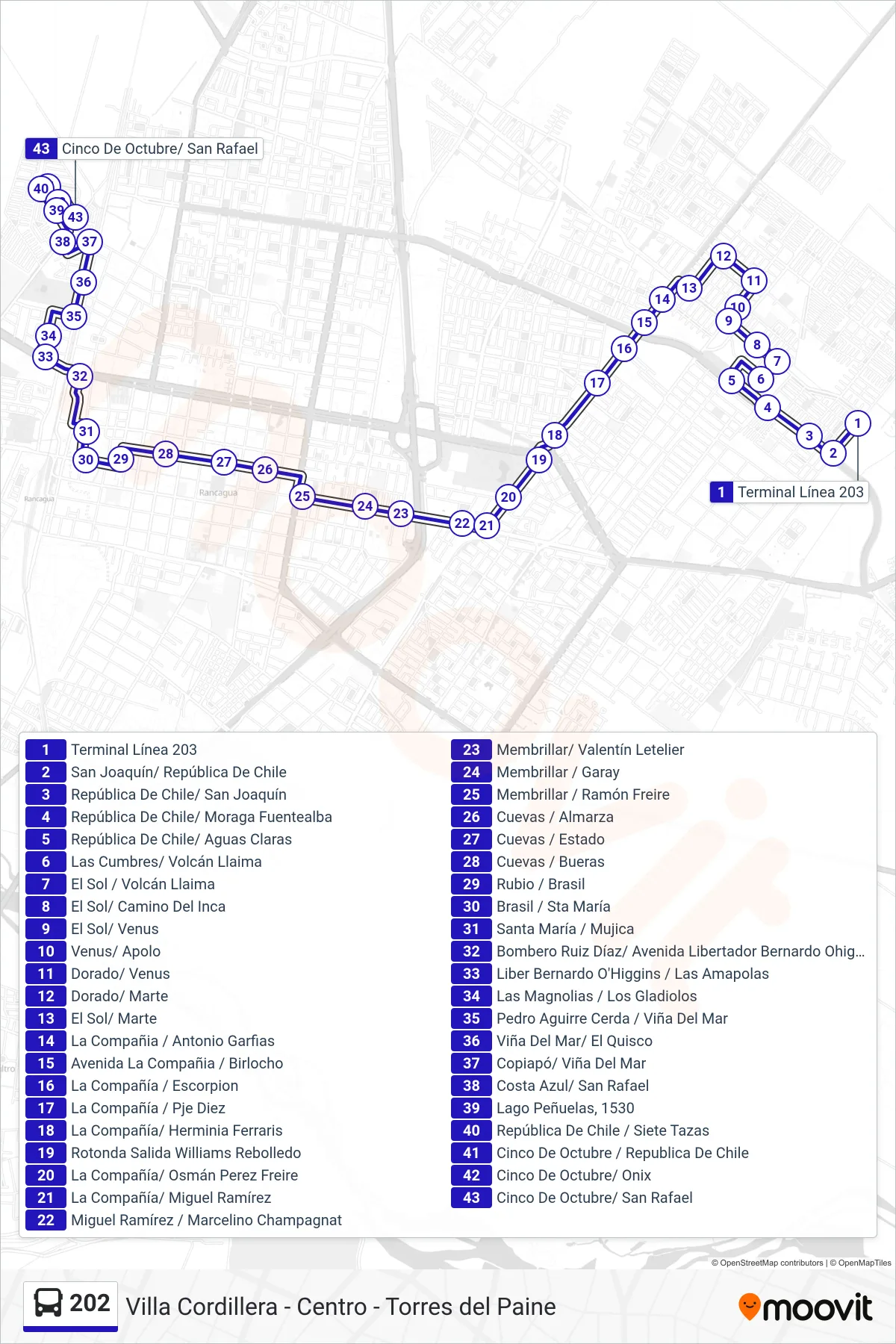 Recorrido y paradas de la línea 202 de autobús (San Rafael - Torres Del Paine) en el mapa