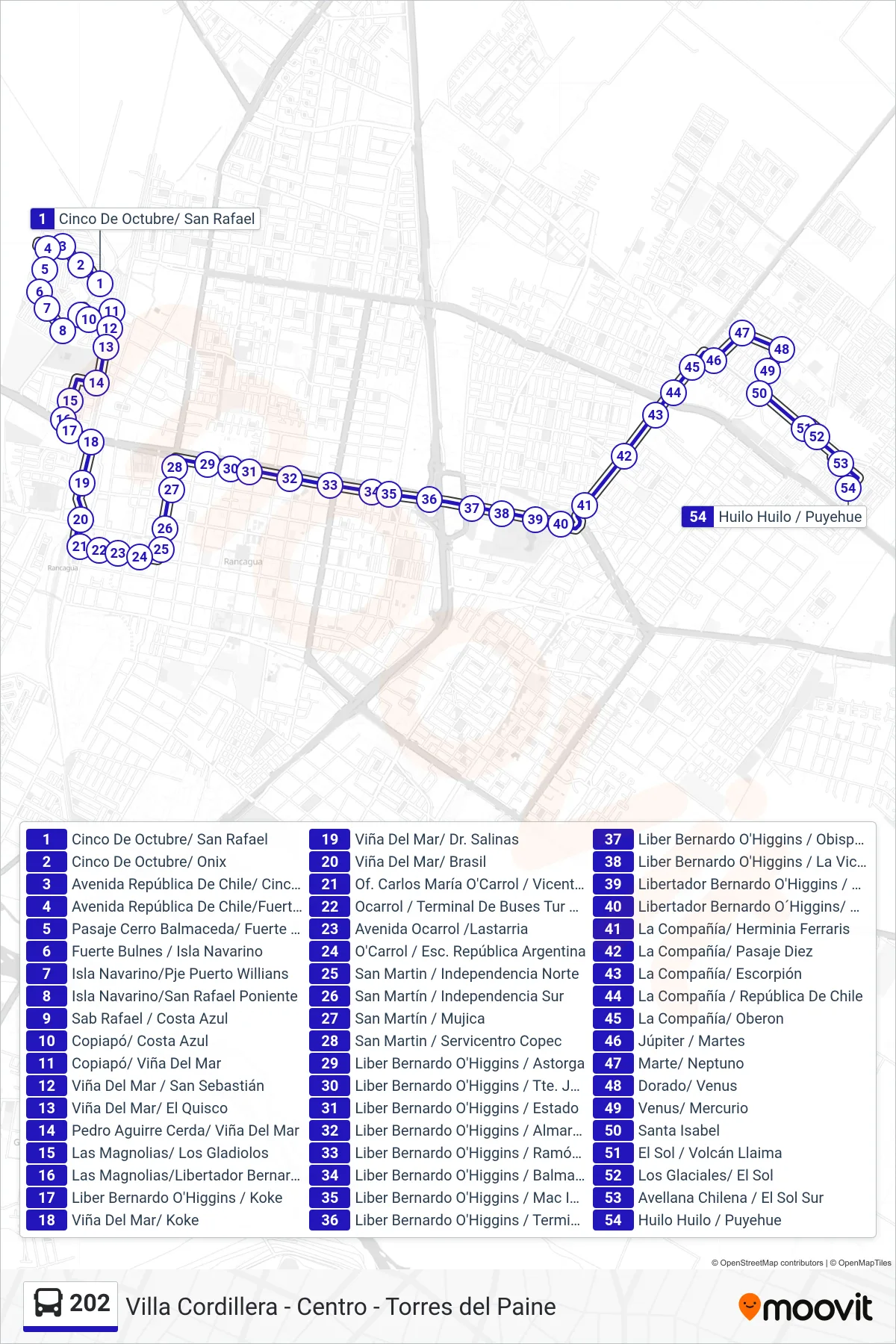 202 bus Line (Villa Cordillera) route and stops on a map