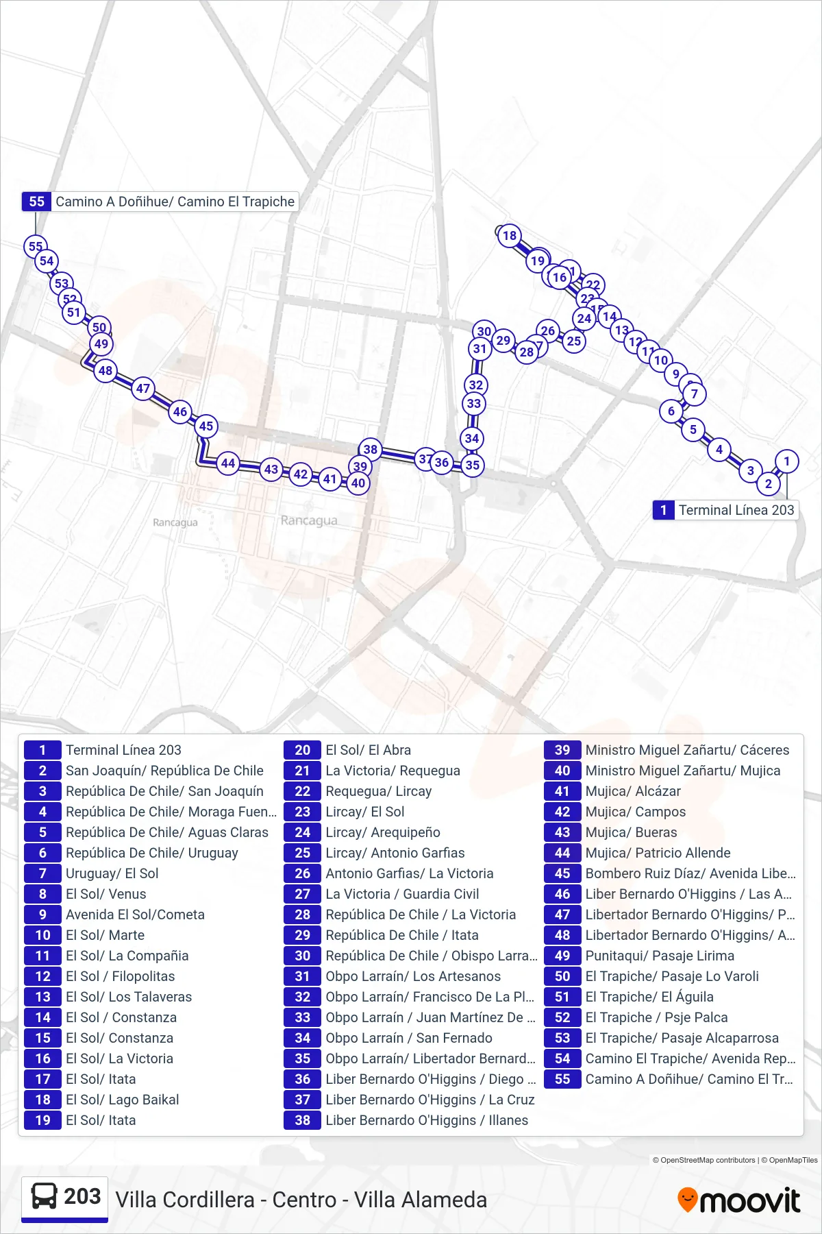 203 bus Line (Villa Los Tilos) route and stops on a map
