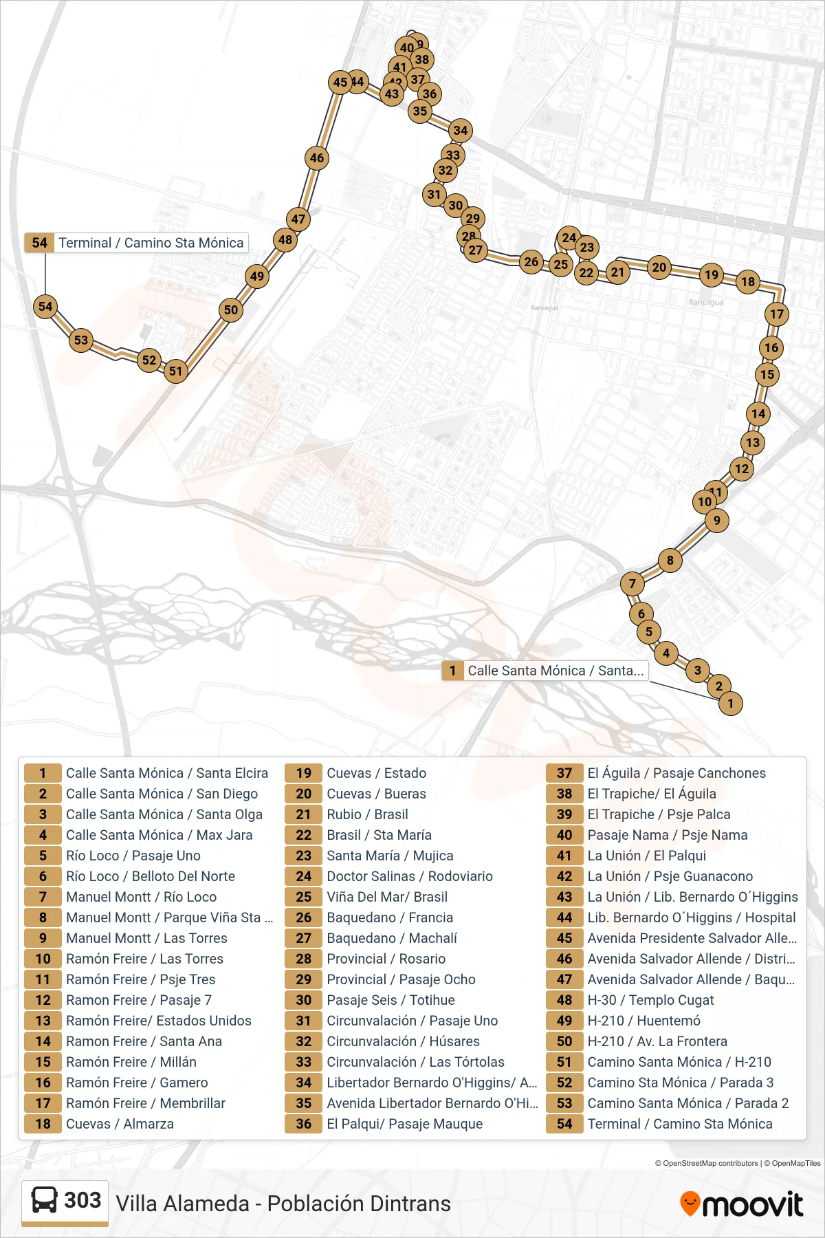 Recorrido y paradas de la línea 303 de autobús (Camino Santa Mónica) en el mapa