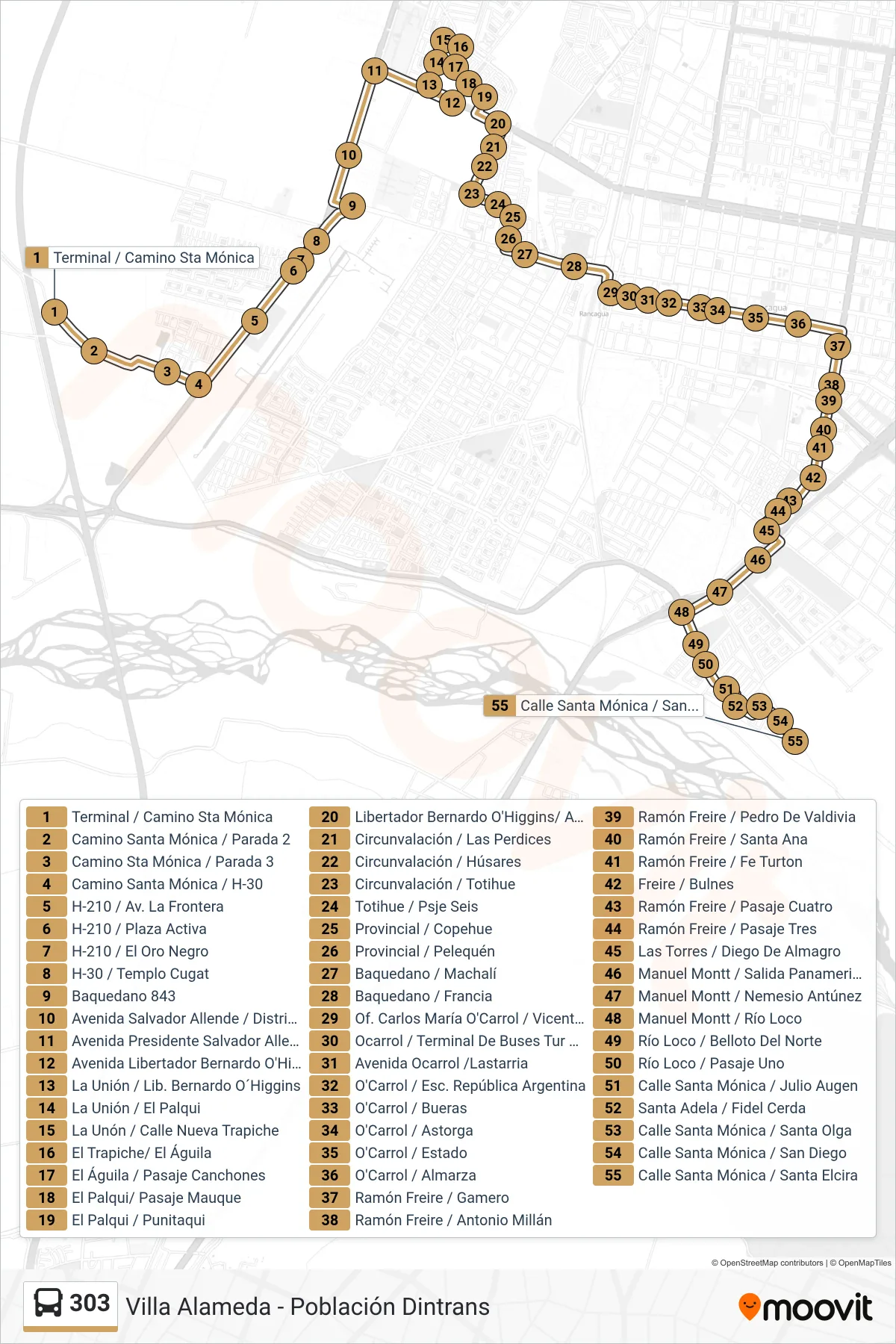 303 bus Line (Santa Adela) route and stops on a map