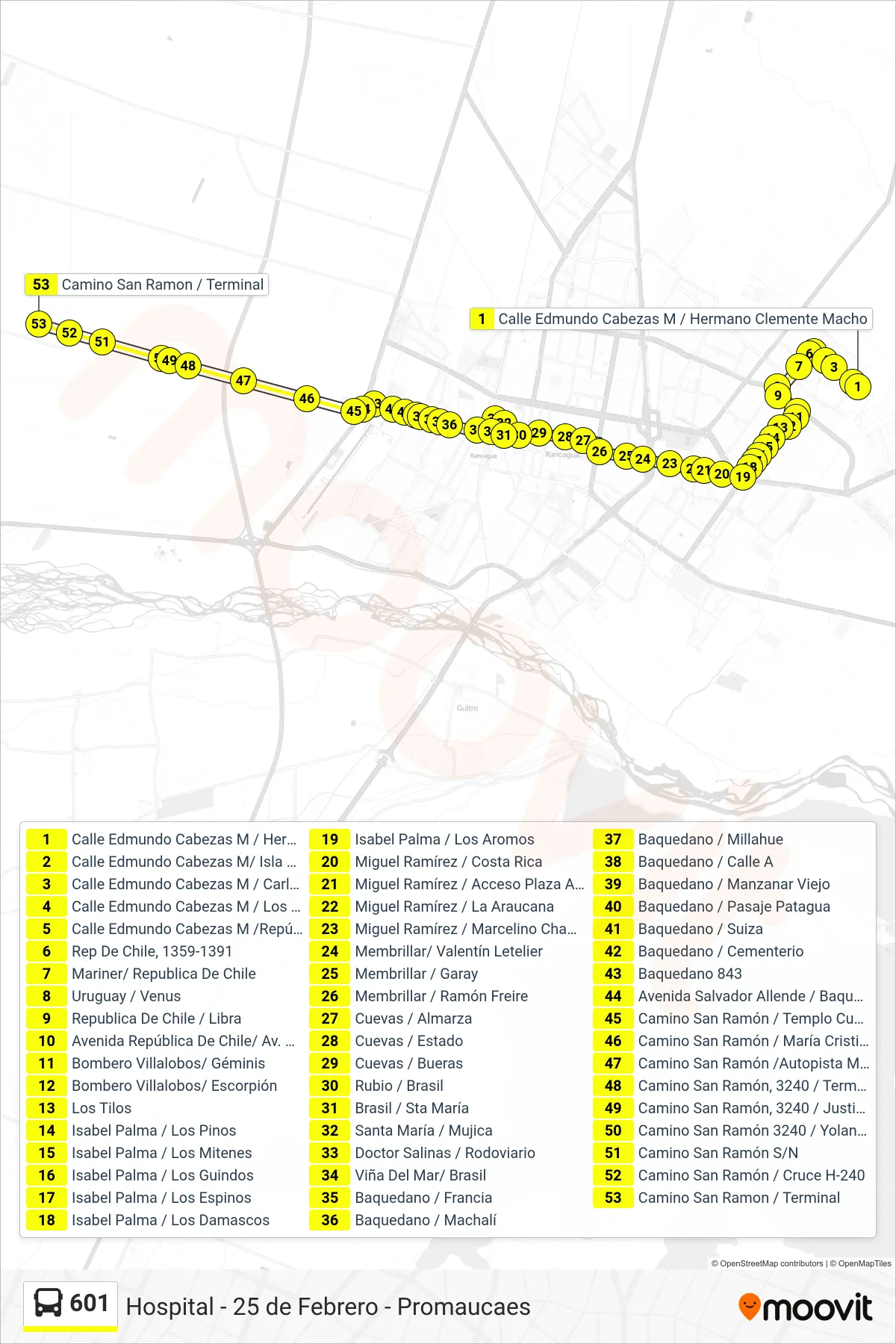 601 bus Line (El Tropezón) route and stops on a map