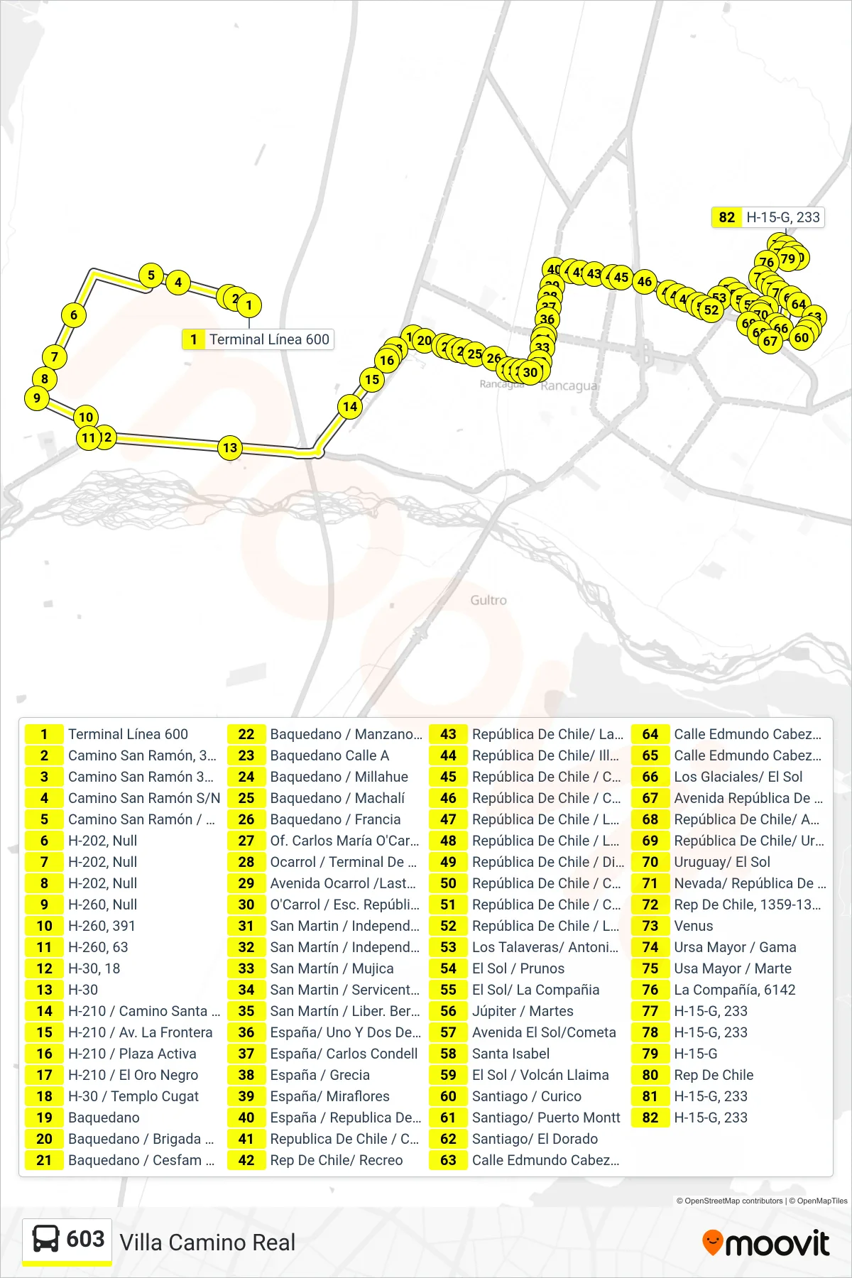 Recorrido y paradas de la línea 603 de autobús (Villa Camino Real) en el mapa