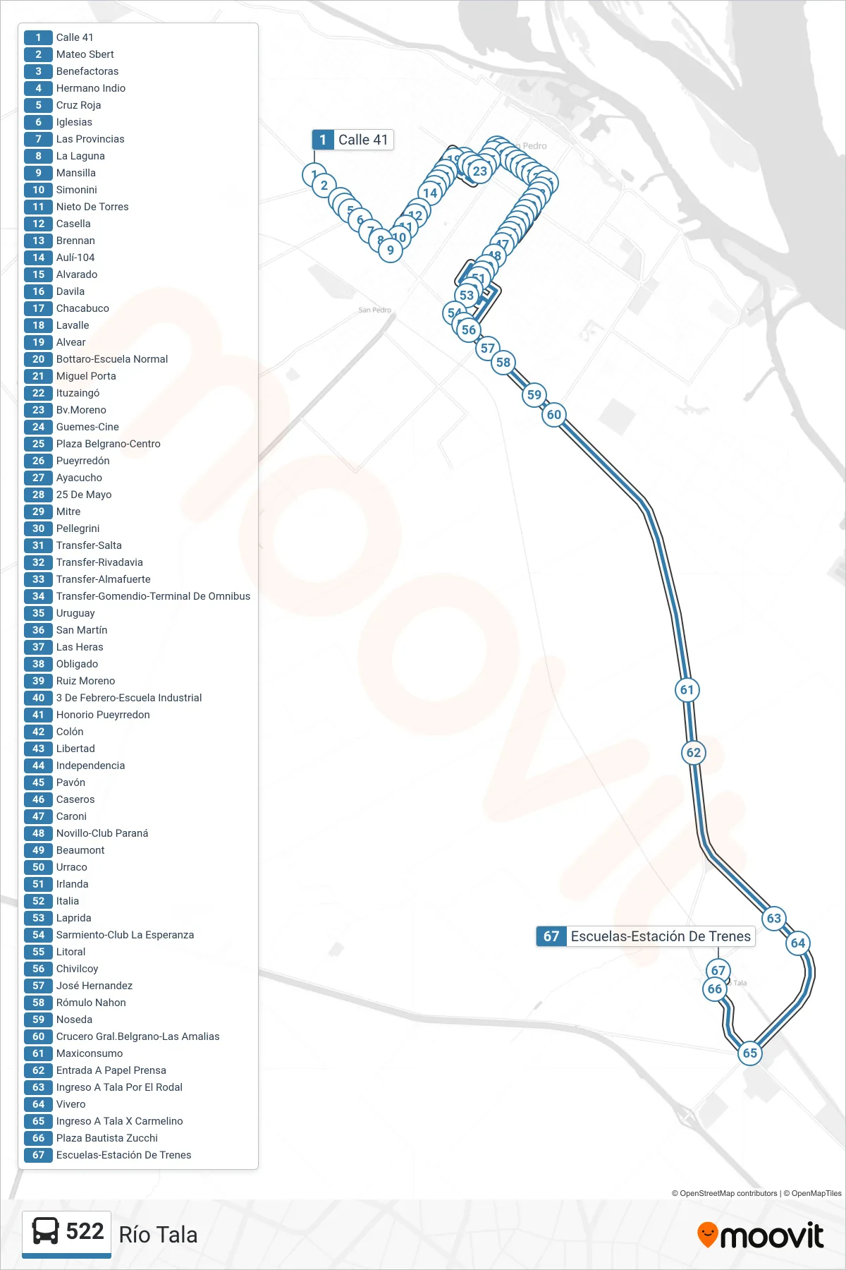 Recorrido y paradas de la línea 522 de autobús (Río Tala) en el mapa