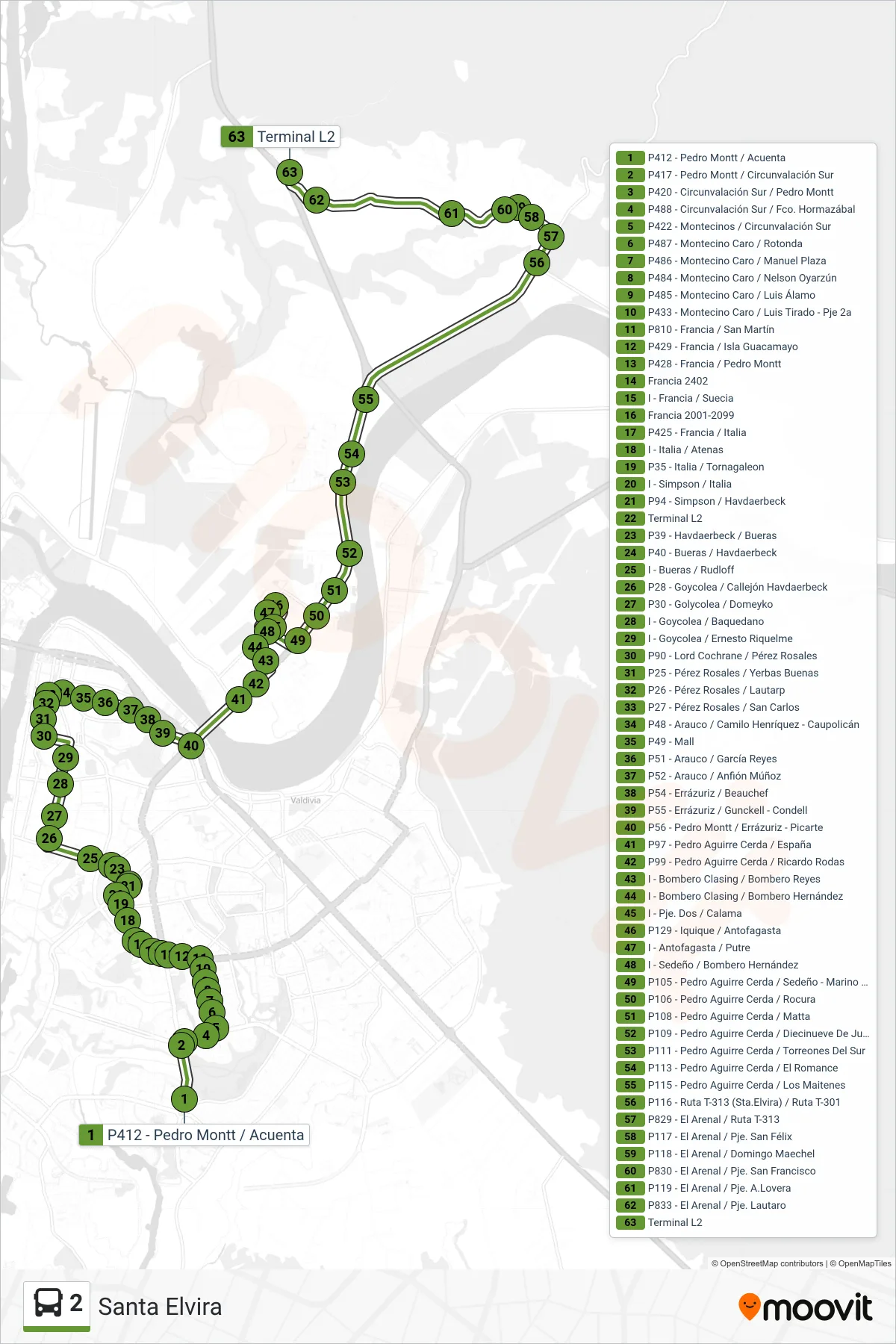 2 bus Line (Santa Elvira) route and stops on a map