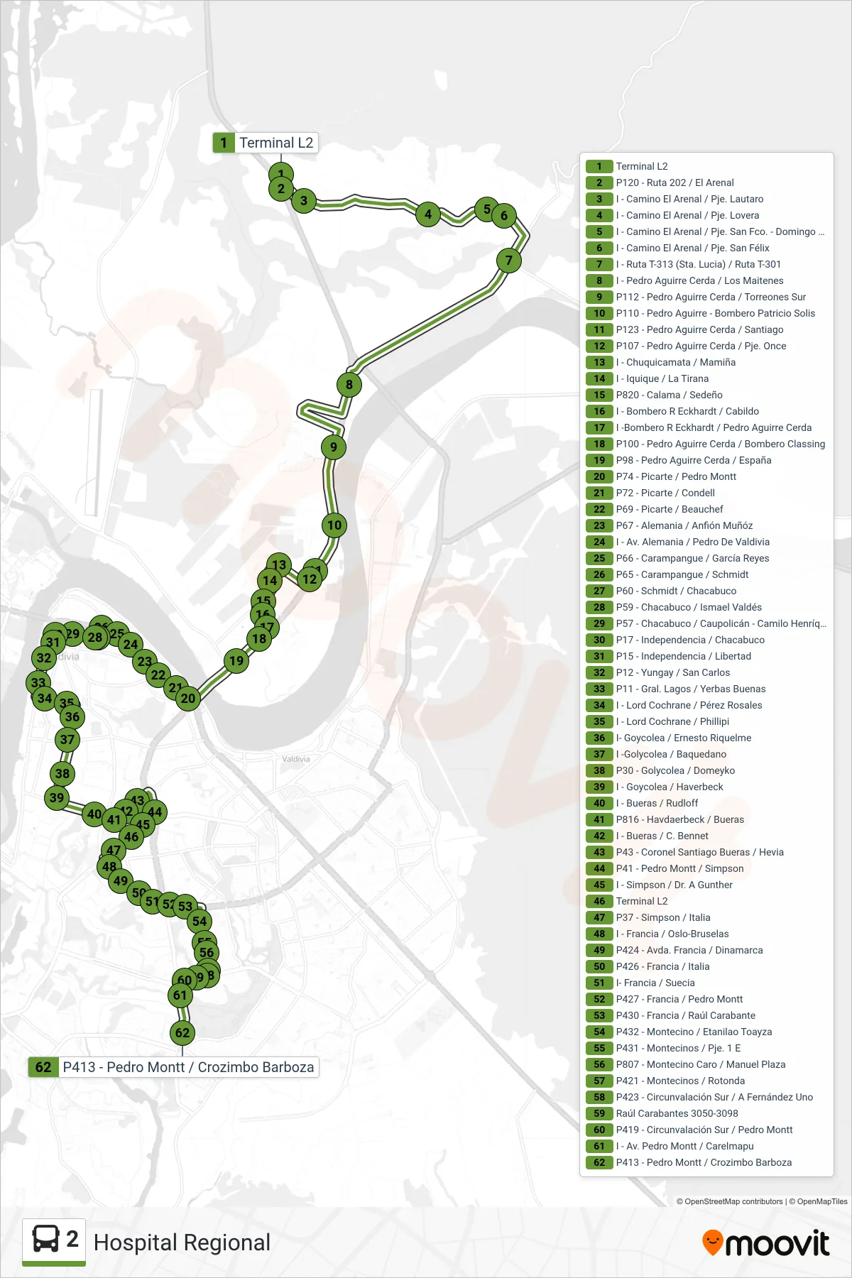 2 bus Line (Hospital Regional) route and stops on a map
