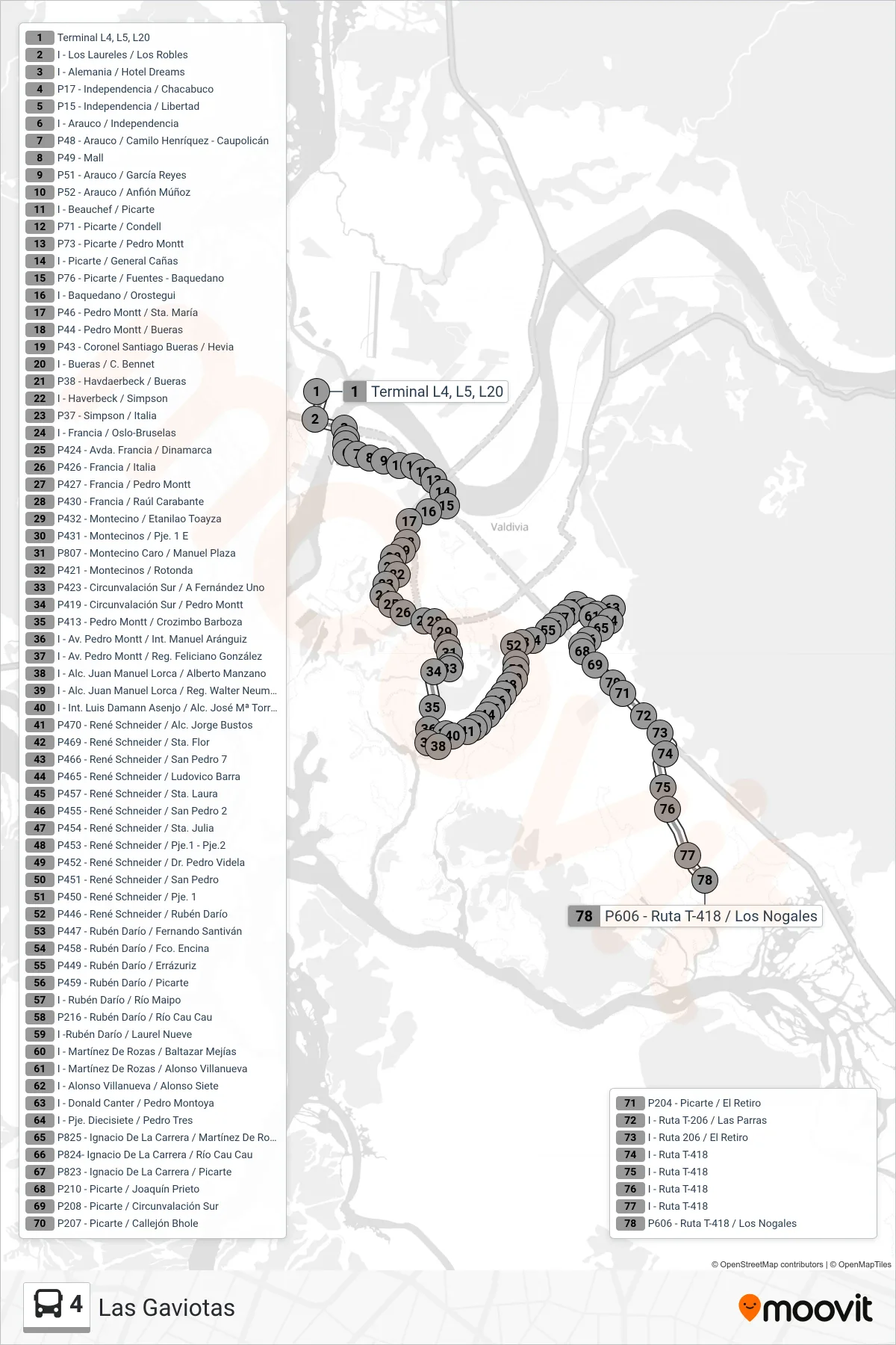 4 bus Line (Las Gaviotas) route and stops on a map