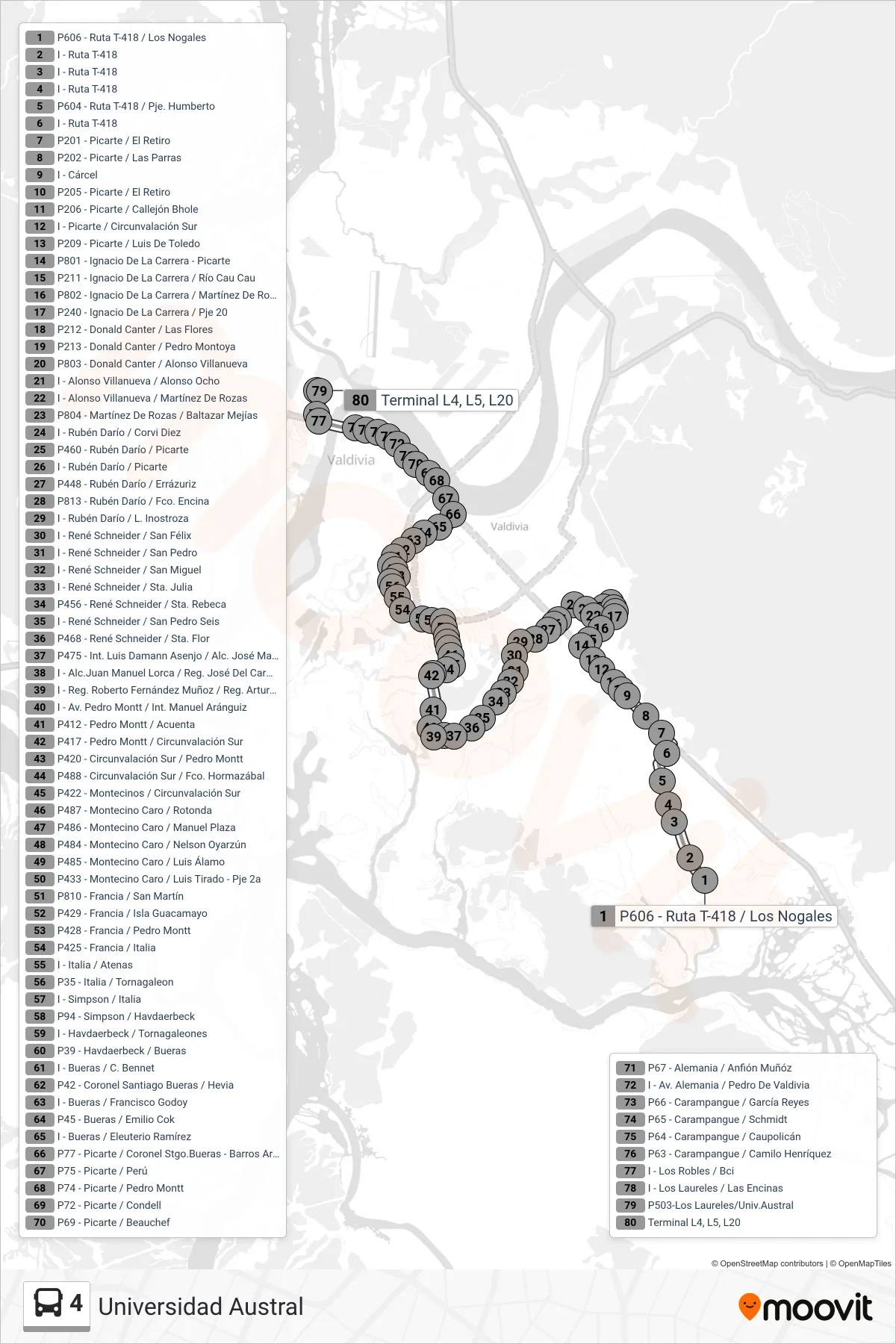 4 bus Line (Universidad Austral) route and stops on a map