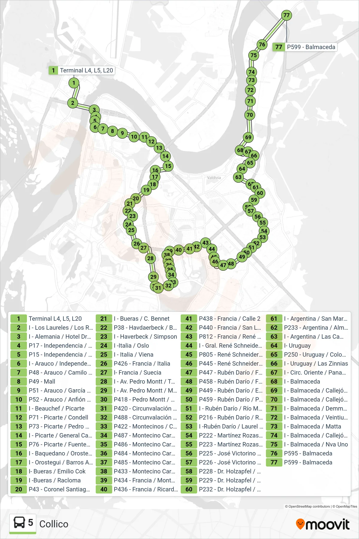 5 bus Line (Collico) route and stops on a map