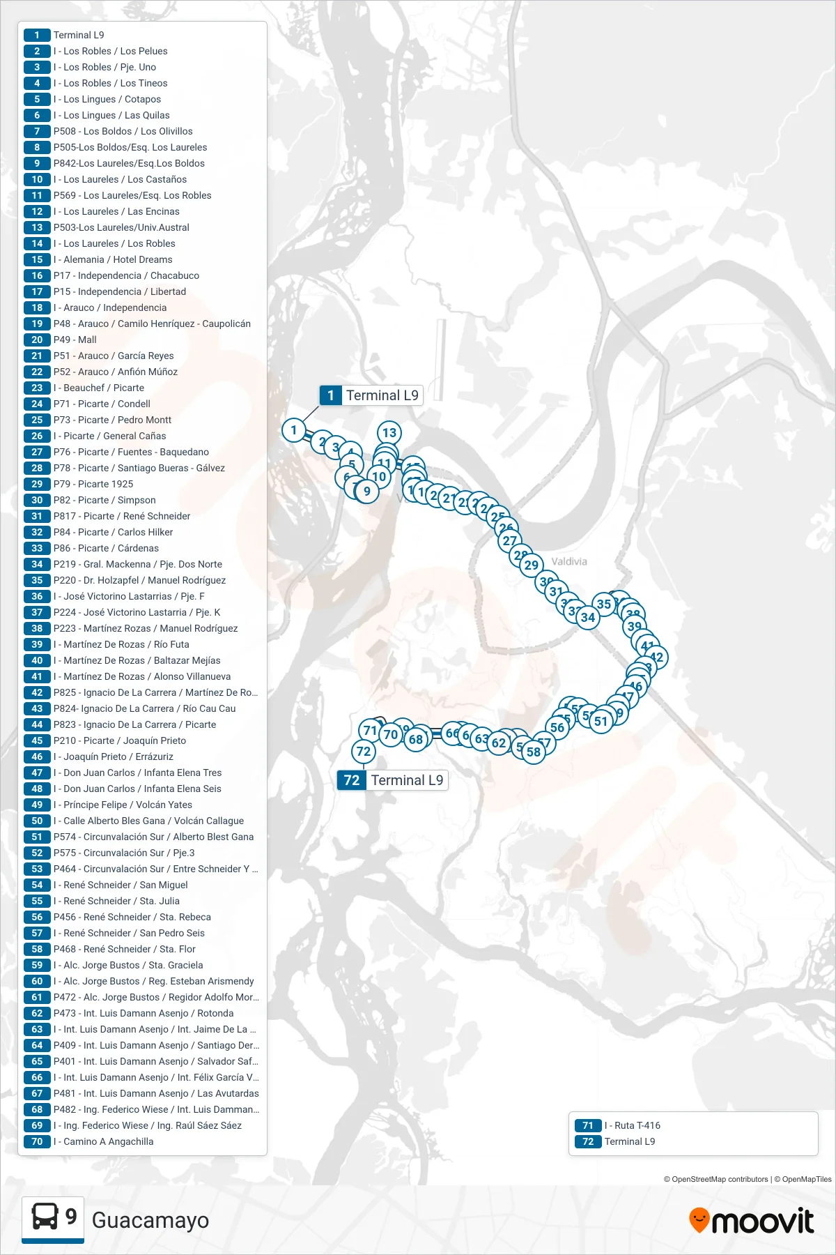 9 bus Line (Guacamayo) route and stops on a map