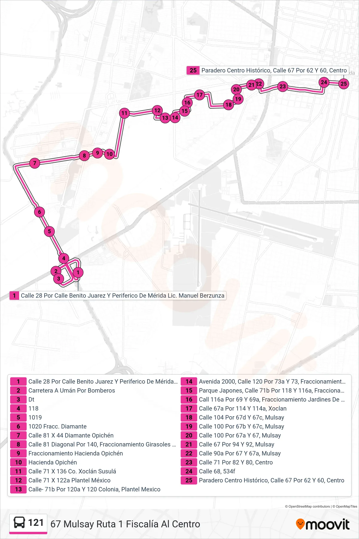 121 bus Line (67 Mulsay Ruta 1 Fiscalía Al Centro) route and stops on a map