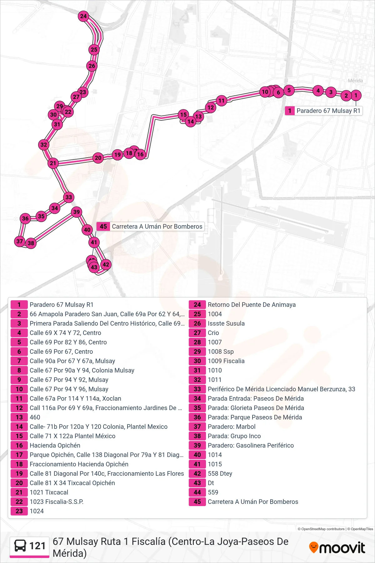 121 bus Line (67 Mulsay Ruta 1 Fiscalía (Centro-La Joya-Paseos De Mérida)) route and stops on a map