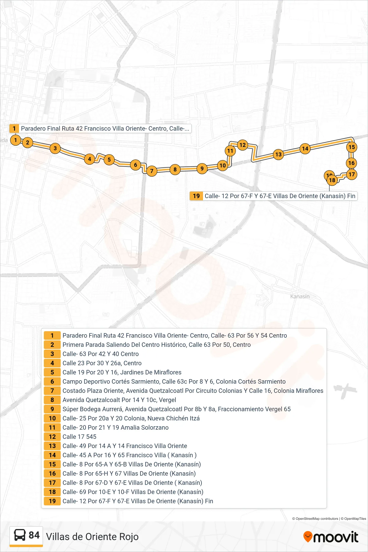 84 bus Line (Amalia Villas Oriente Rojo) route and stops on a map