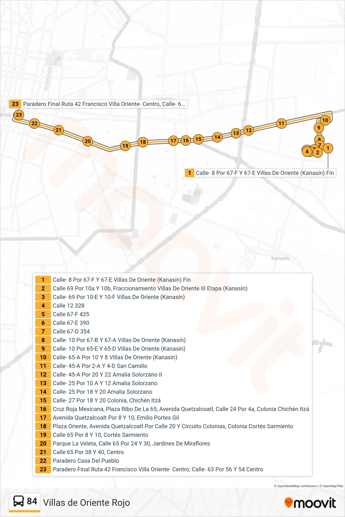 84 bus Line (Amalia Villas Oriente Rojo Al Centro) route and stops on a map