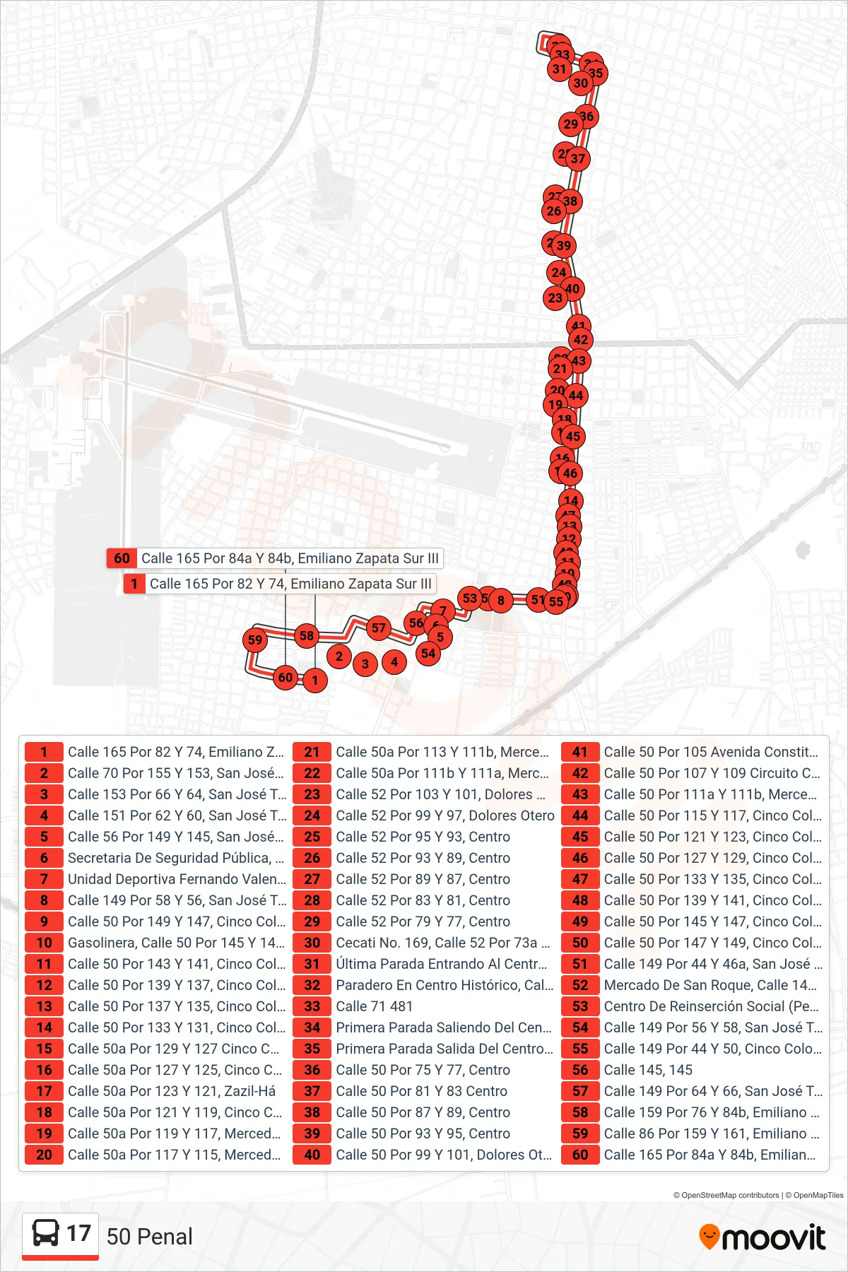 17 bus Line (50 Penal) route and stops on a map