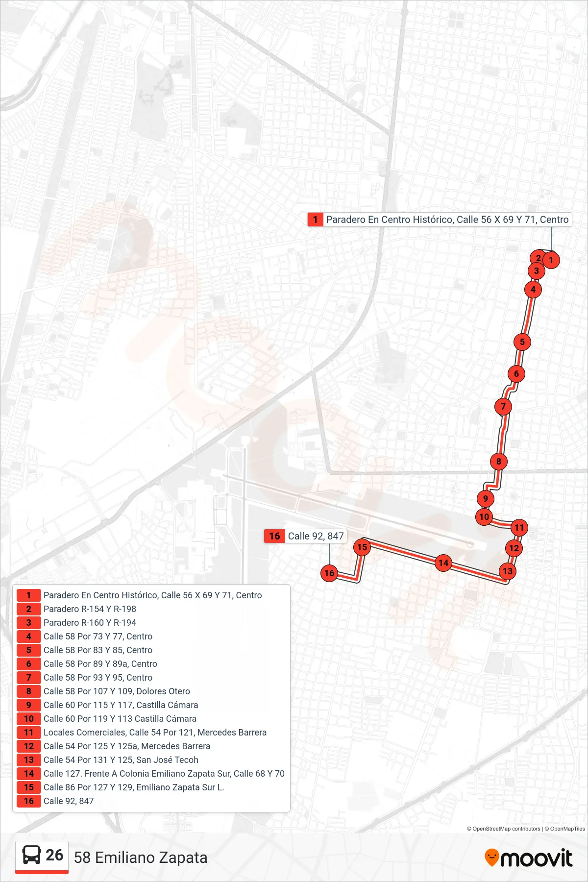 26 bus Line (58 Emiliano Zapata) route and stops on a map