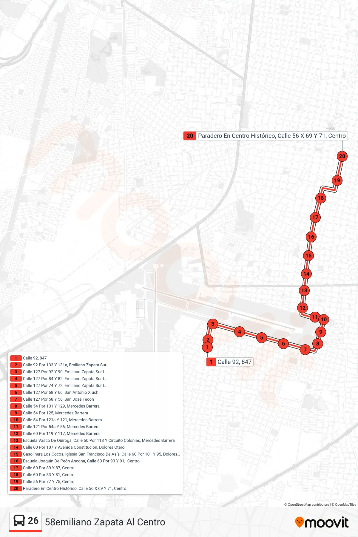 26 bus Line (58emiliano Zapata Al Centro) route and stops on a map
