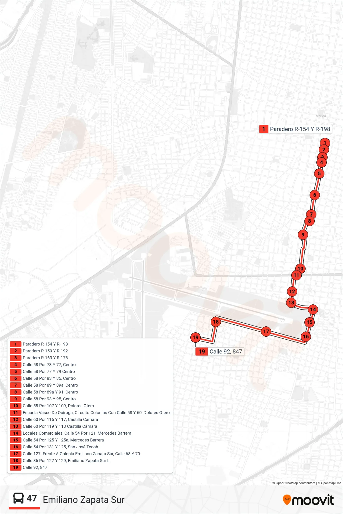47 bus Line (Emiliano Zapata Sur) route and stops on a map