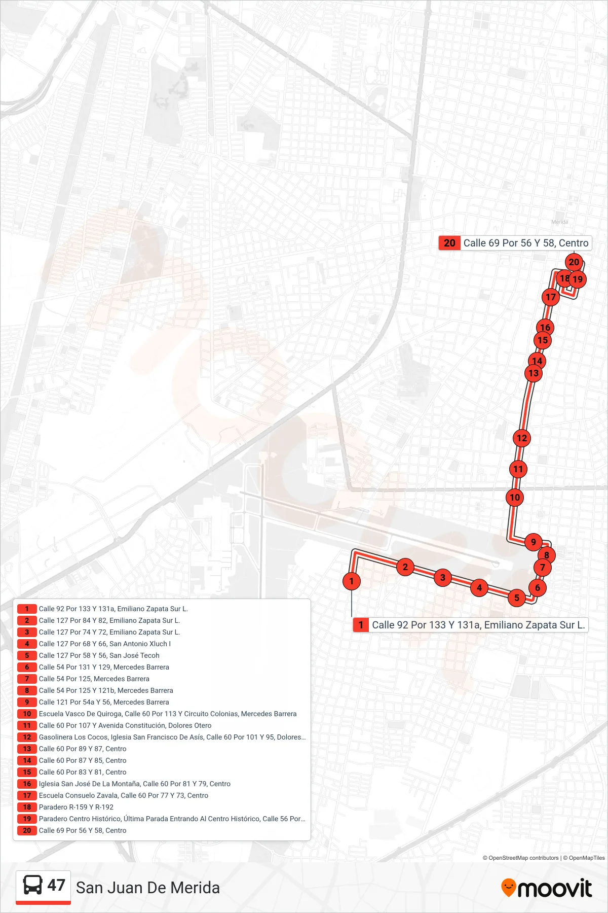 47 bus Line (San Juan De Merida) route and stops on a map