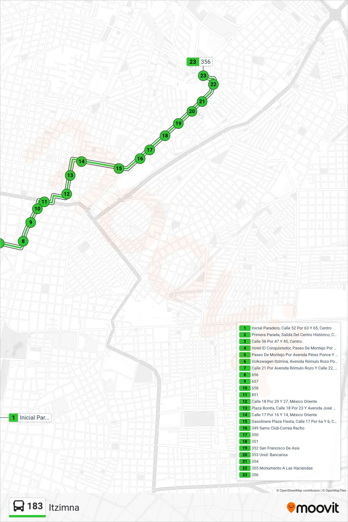 183 bus Line (Itzimna) route and stops on a map