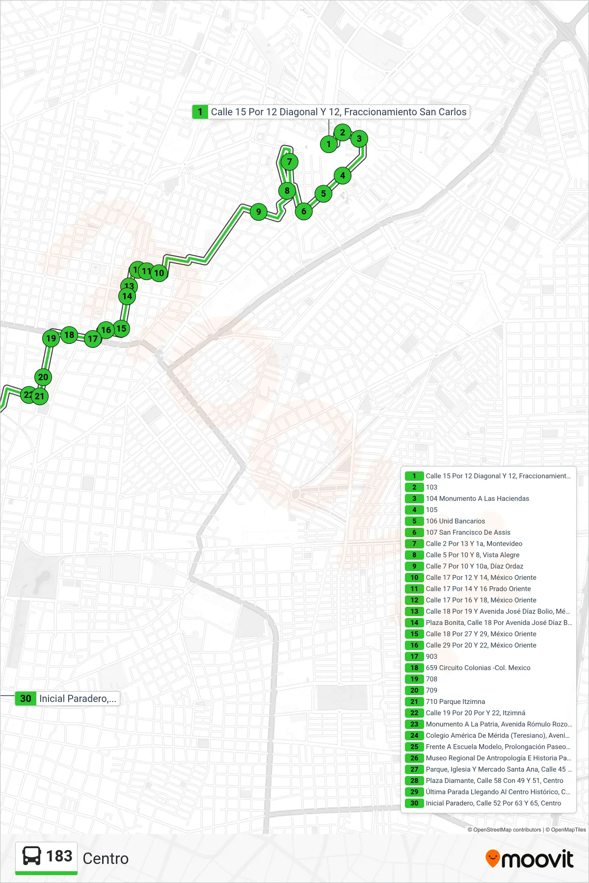183 bus Line (Centro) route and stops on a map
