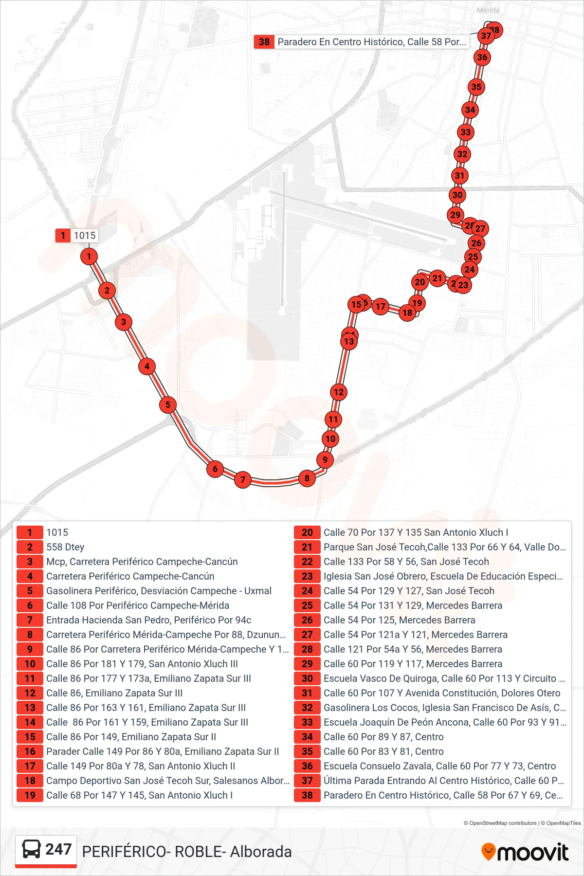 247 bus Line (Periférico Roble Alborada Al Centro) route and stops on a map