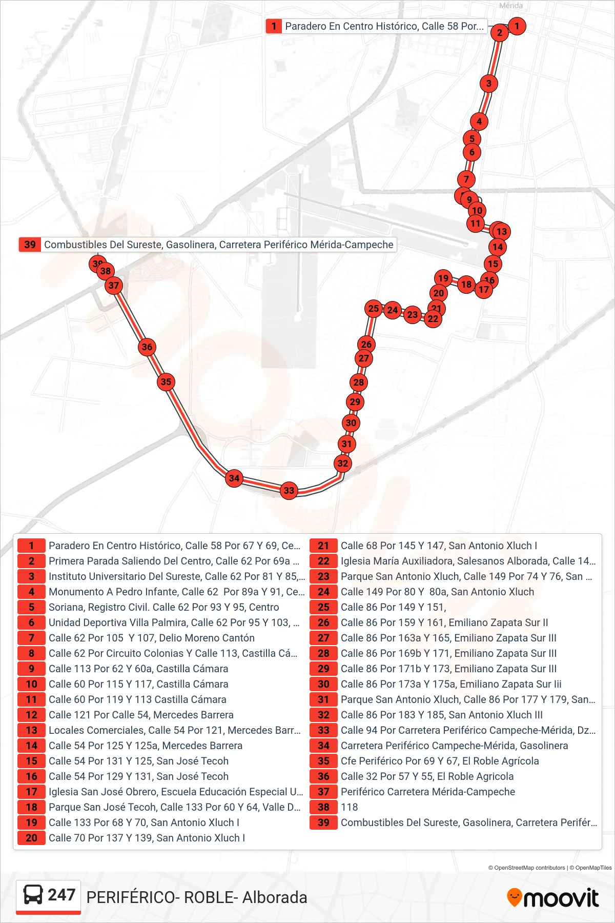 247 bus Line (Roble Alborada) route and stops on a map