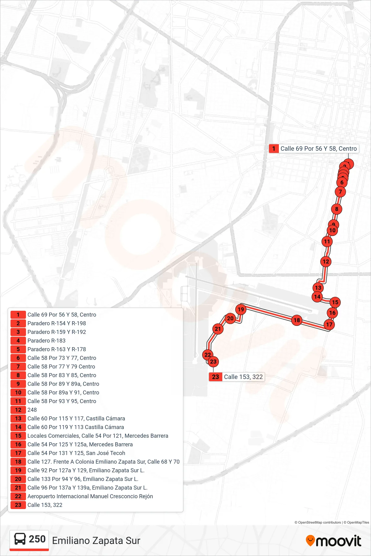 250 bus Line (Emiliano Zapata Sur) route and stops on a map